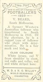 1933 Wills's Victorian Footballers (Small) #72 Gilbert Beard Back